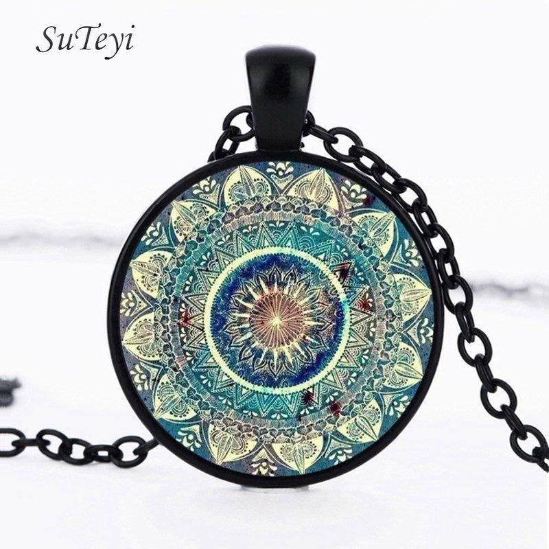 Vintage Glass Dome Necklace Buddhism Chakra Glass Cabochon Pendant Jewelry Om India Yoga Mandala Necklaces