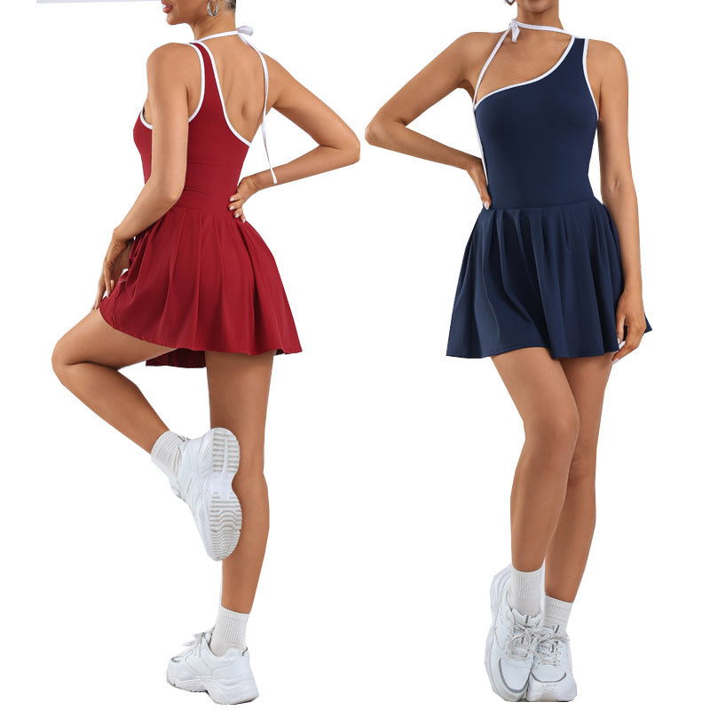 Sporty Yoga Jumpsuit for Women with Built-in Leggings, Irregular Color-block Design, Golf and Tennis Skirt, Pleated Style