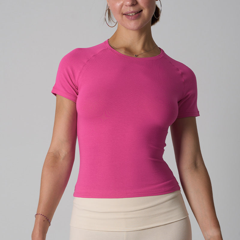 Cotton Jersey T-shirt Round Neck Slim Fit High Stretch Yoga Short Sleeve