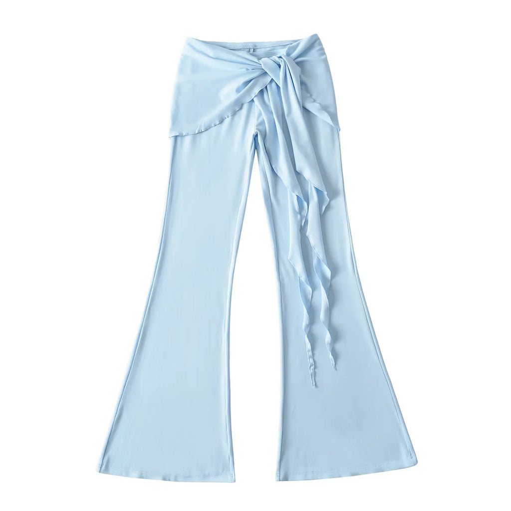 Fake two piece spliced ruffled lace up micro flared yoga pants