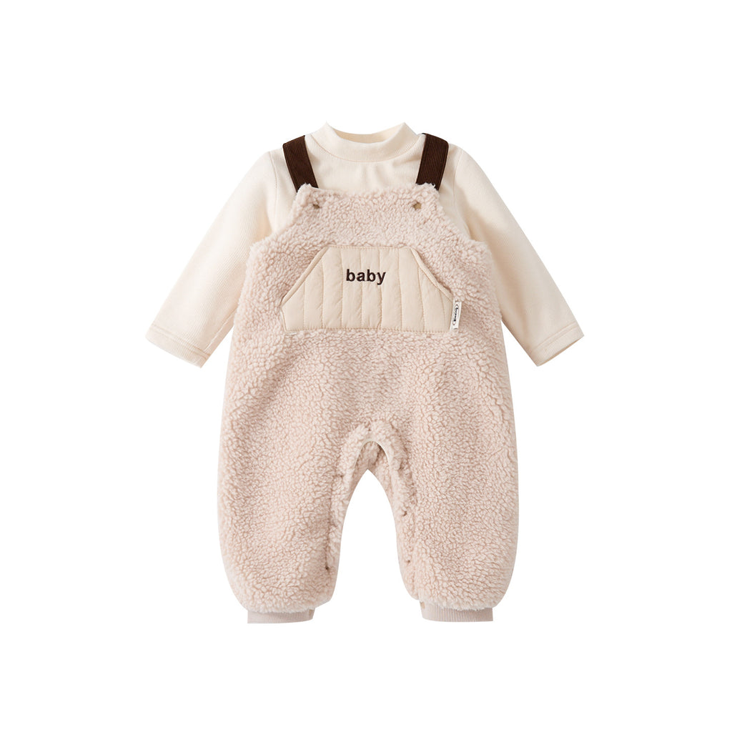 Thick Plush Overalls Set for Babies and Toddlers, Two-Piece Outfit with Onesie and Base Layer