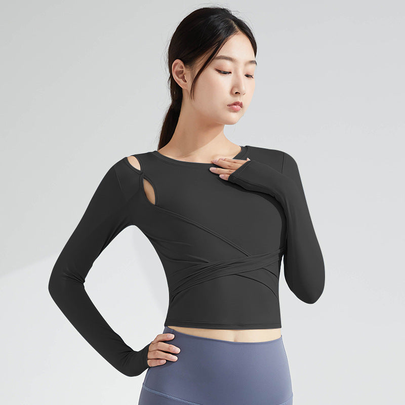 Breathable Yoga Top Women's Long Sleeve Waist Shrinking Slim Outdoor Running T-Shirt Cross Back Fast Drying Fitness Shirt