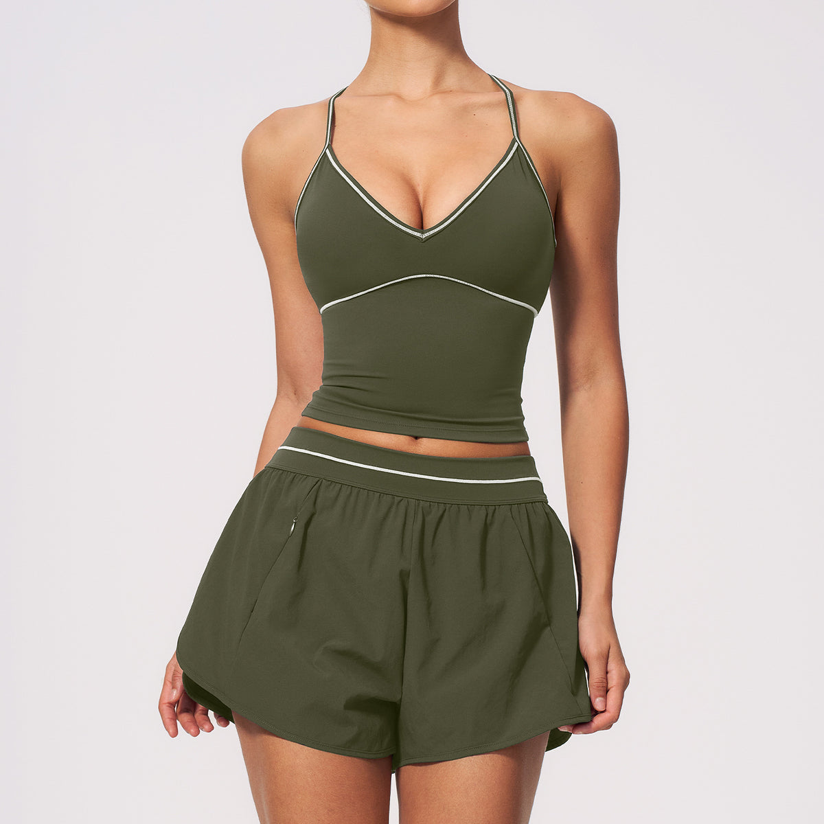 Yoga Suit Set for Women, New Brushed Color-block V-neck Halter Sports Quick-dry Fitness Set