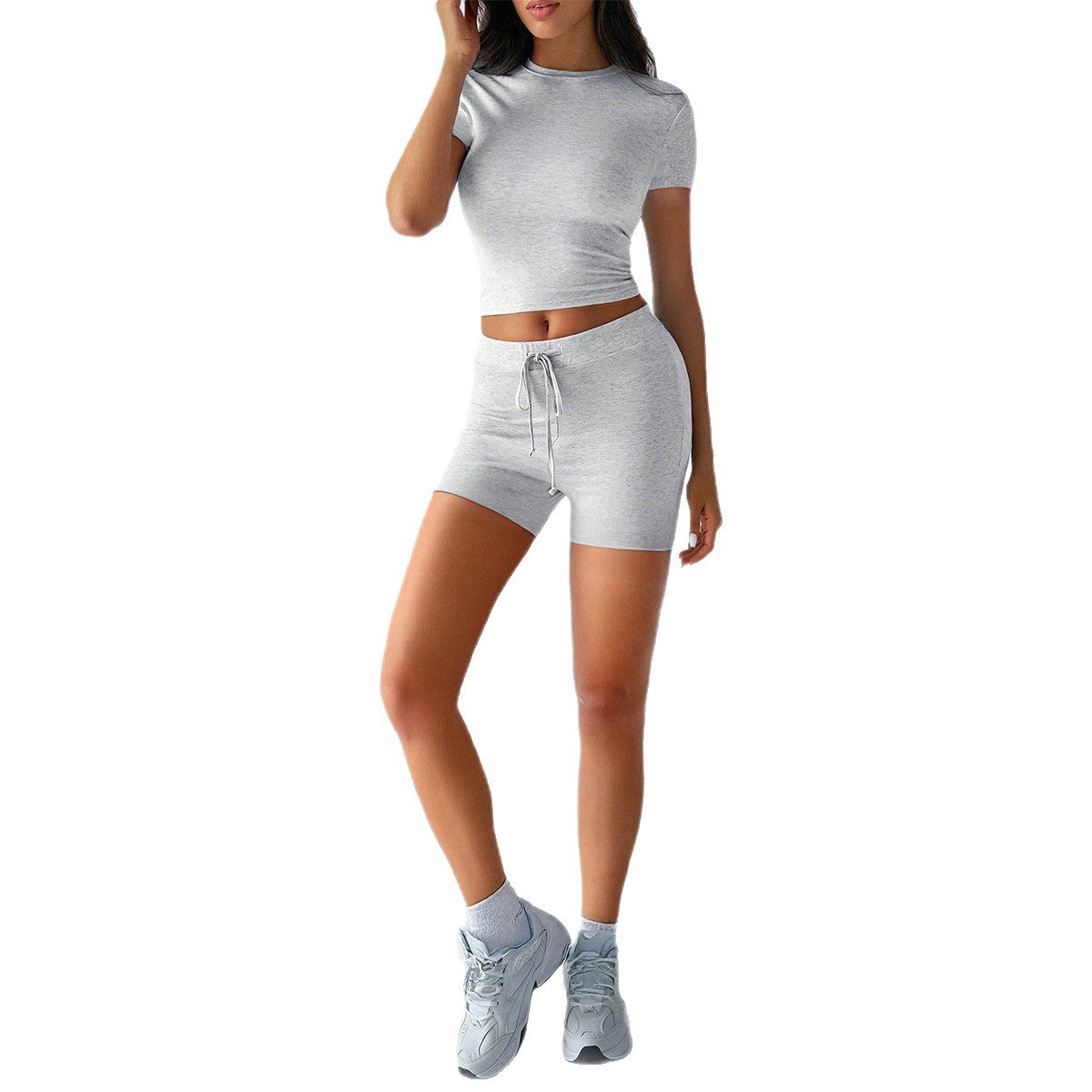 Yoga Sports Style Solid Color Short Sleeve Bandage Shorts Set for Women