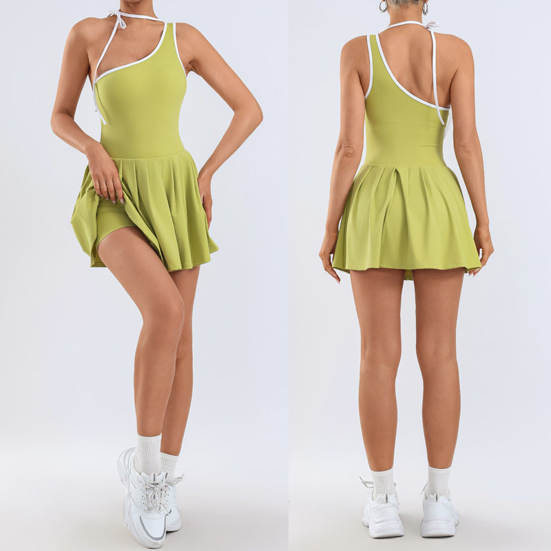 Sporty Yoga Jumpsuit for Women with Built-in Leggings, Irregular Color-block Design, Golf and Tennis Skirt, Pleated Style