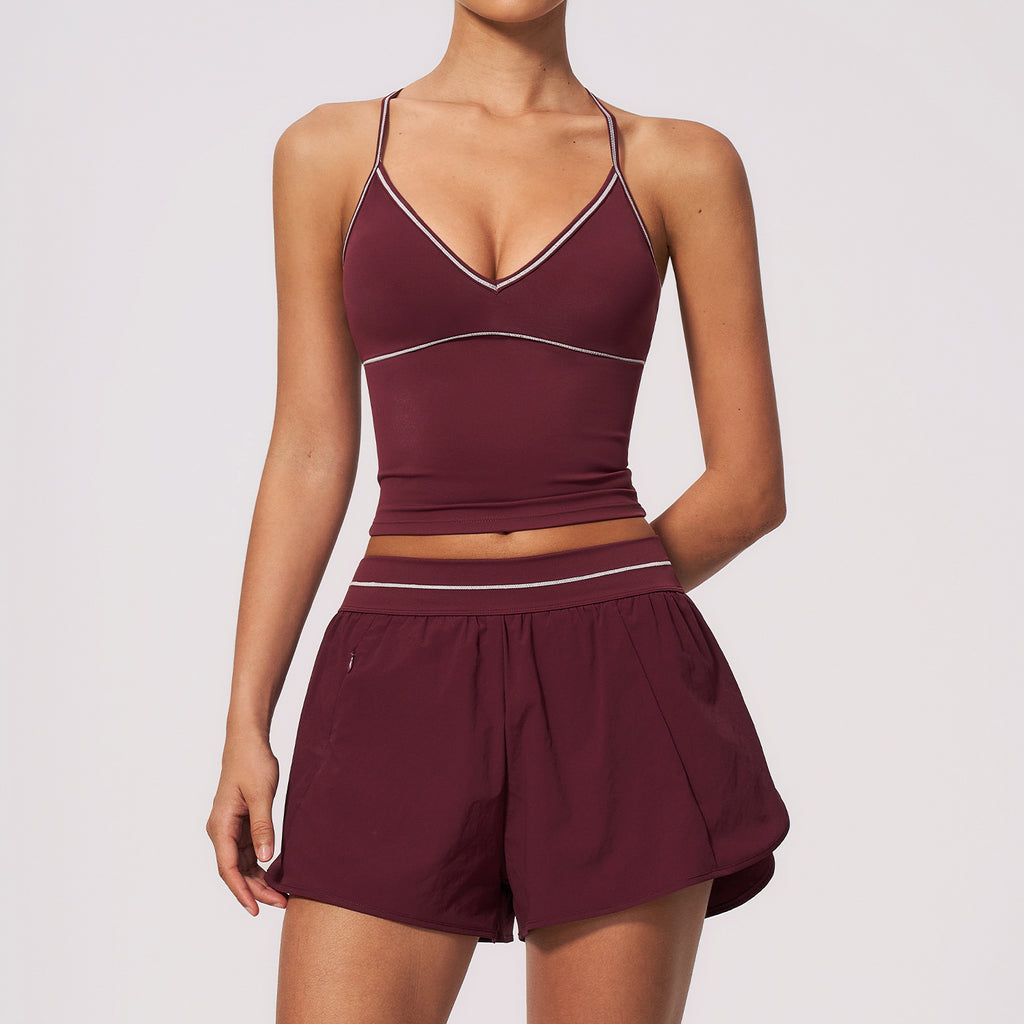 Yoga Suit Set for Women, New Brushed Color-block V-neck Halter Sports Quick-dry Fitness Set