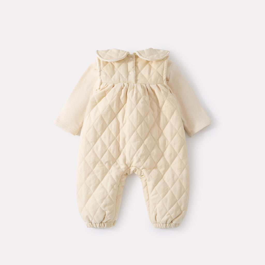 Cotton-filled Overalls Romper Set with Bow for Baby Girls, Two-Piece Outfit