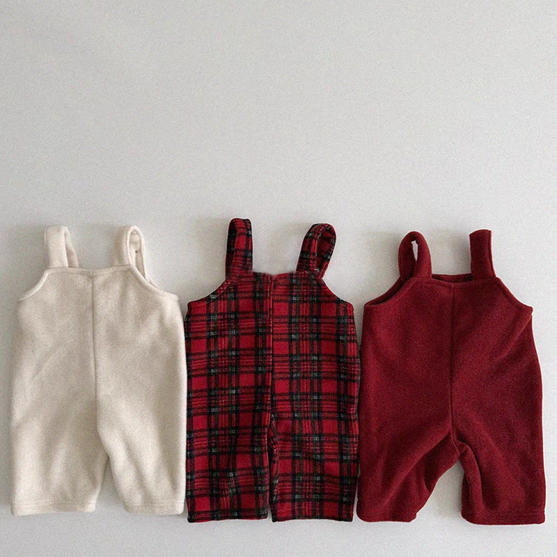 Grid thickened and velvet shoulder strap casual pants