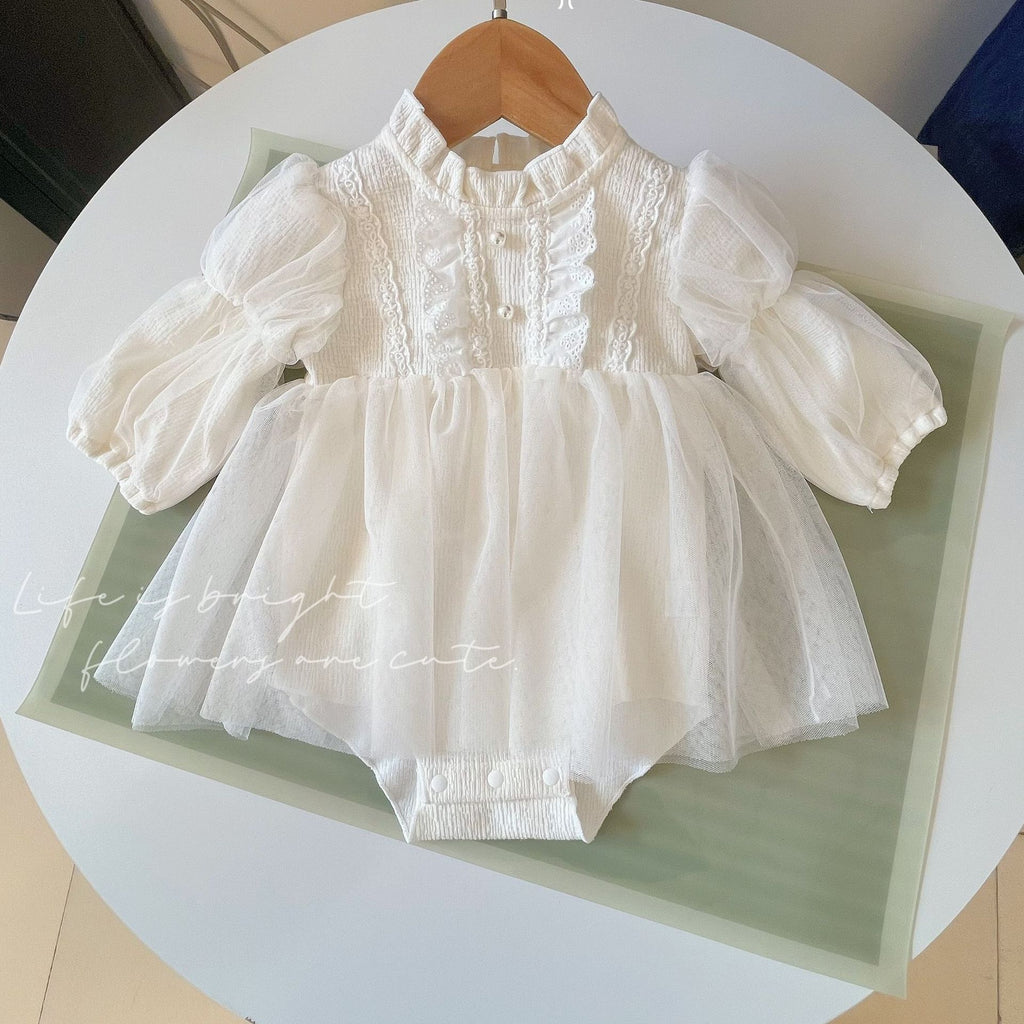 Court Style Baby Tulle Dress for Girls, Textured Soft Romper Dress for Newborns
