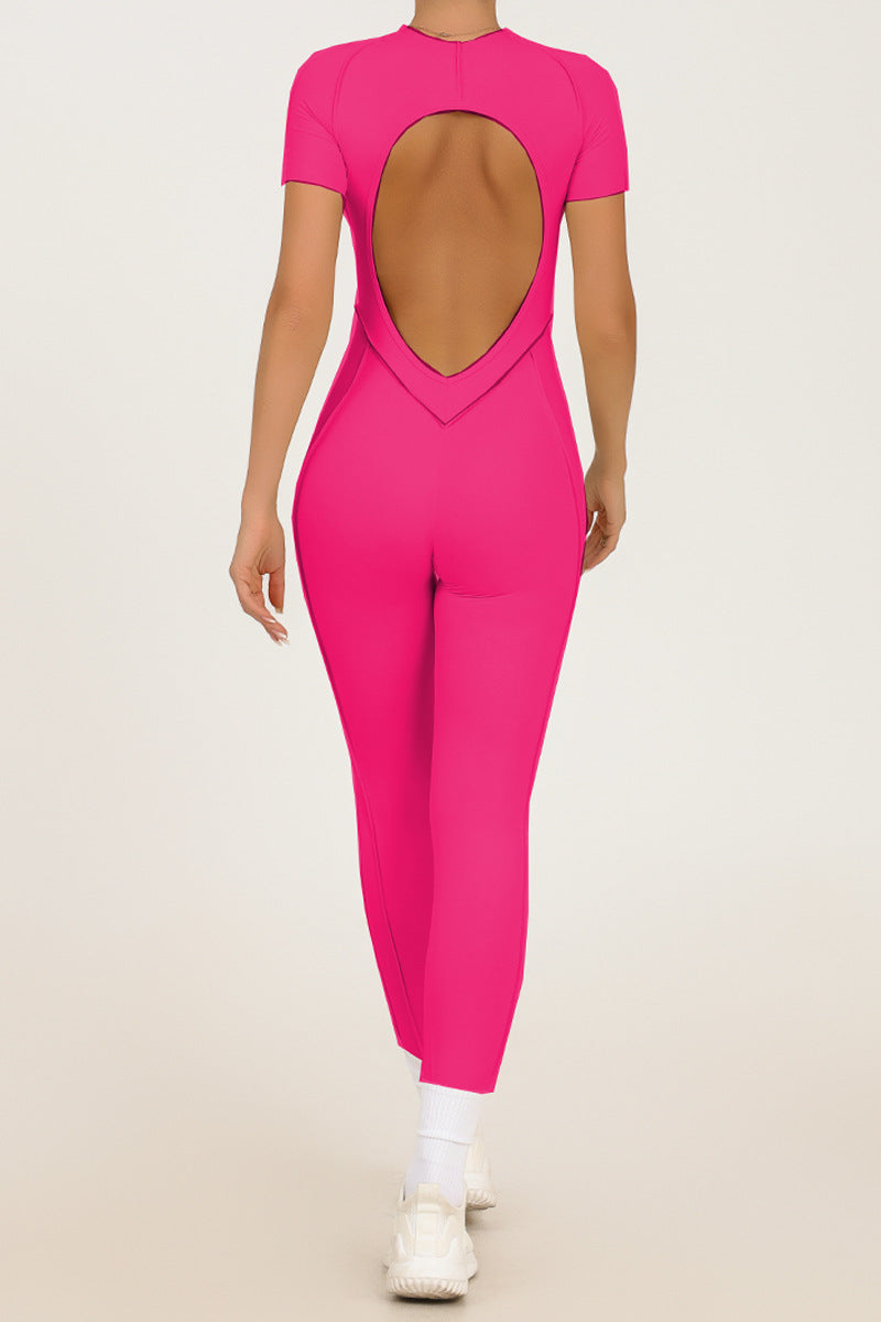 Three dimensional tight fitting sports short sleeved pants jumpsuit, backless one-piece jumpsuit with chest cushion yoga suit