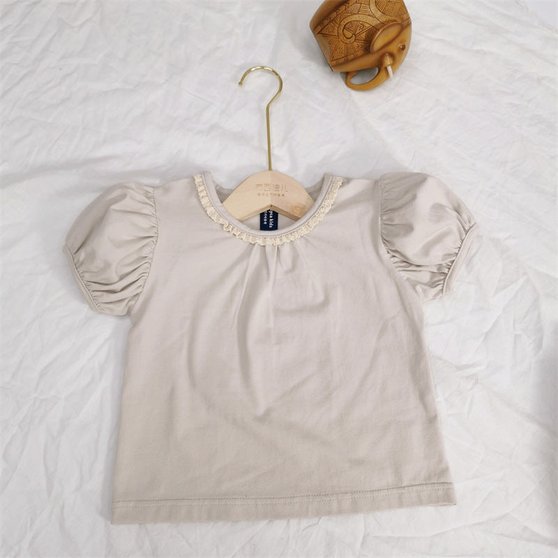 Sweet lace round neck bubble sleeves cute short sleeved t-shirt