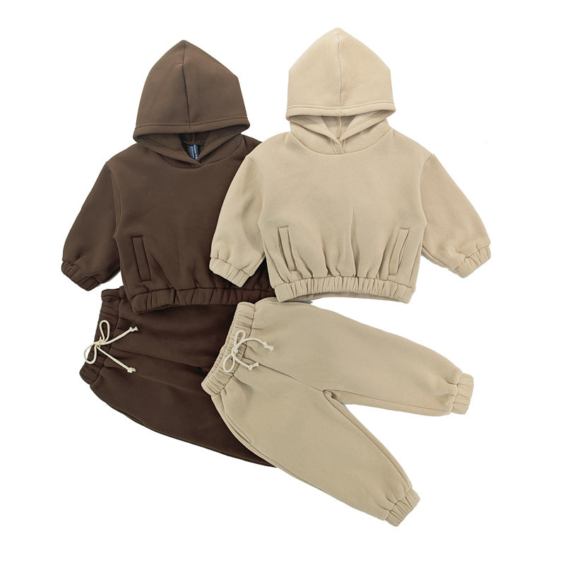 Solid color fleece hooded sweatshirt leg tied pants casual children's suit