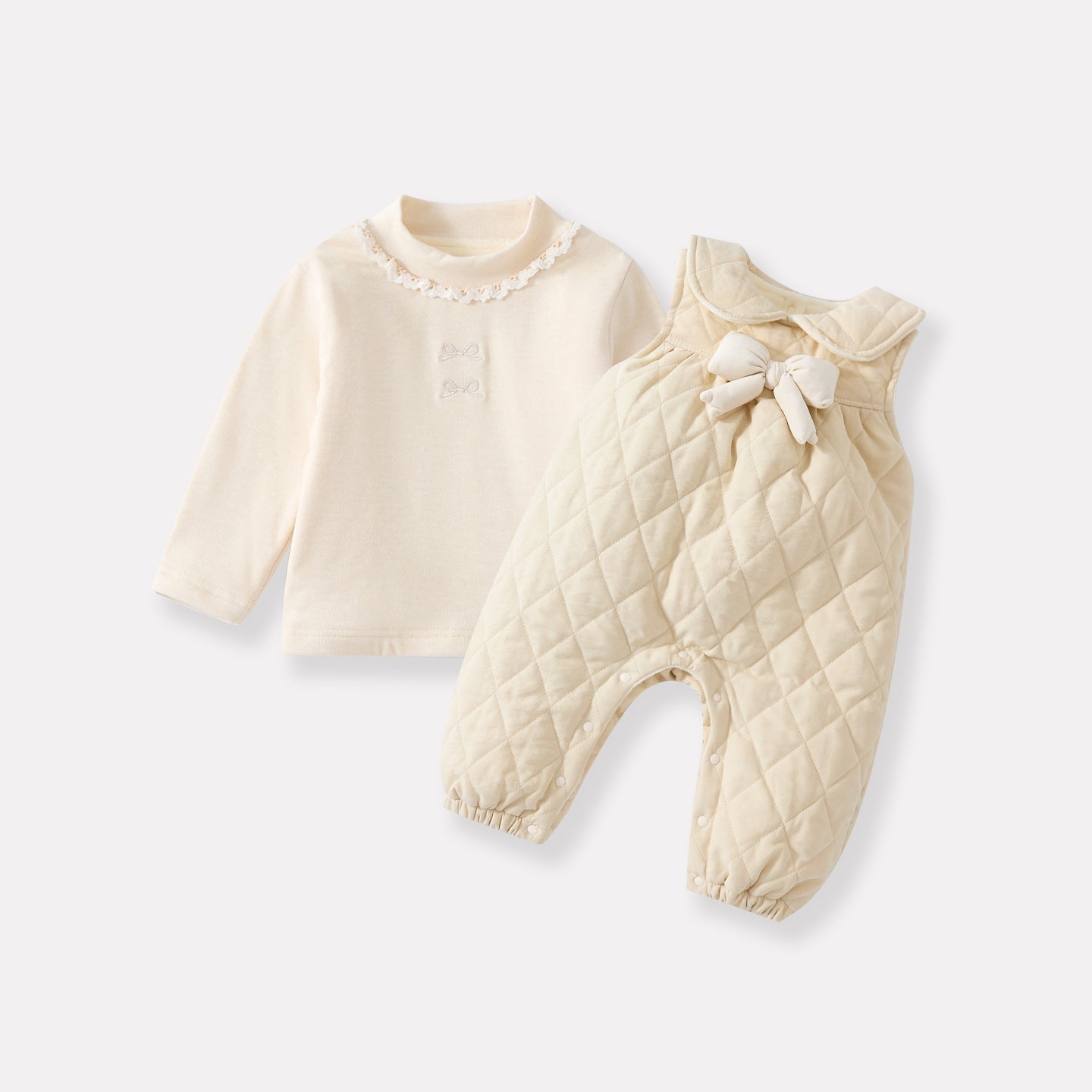 Cotton-filled Overalls Romper Set with Bow for Baby Girls, Two-Piece Outfit