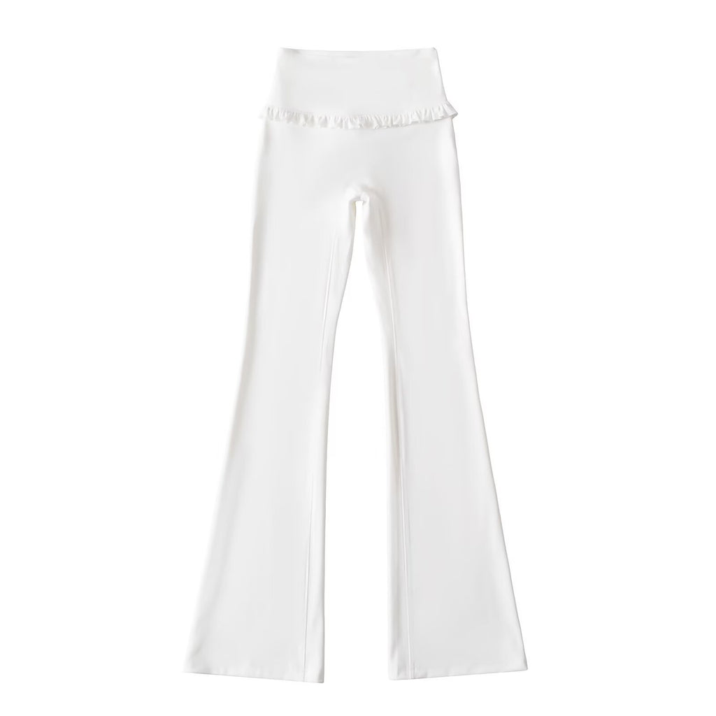 Elastic Waist Yoga Pants with Lace Trim and Flared Leg