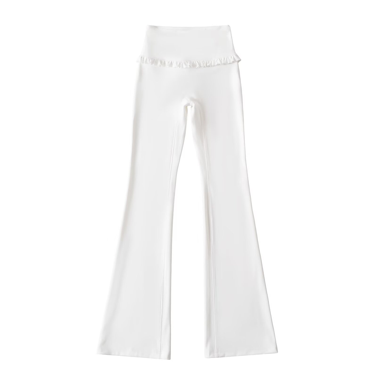 Elastic Waist Yoga Pants with Lace Trim and Flared Leg