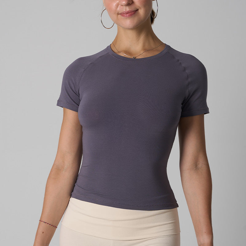 Cotton Jersey T-shirt Round Neck Slim Fit High Stretch Yoga Short Sleeve