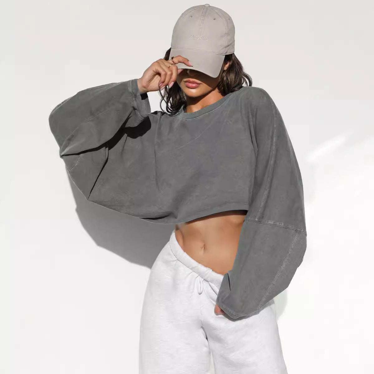 Vintage Hoodie Women's Long Sleeve Crop Knitwear Sport Yoga