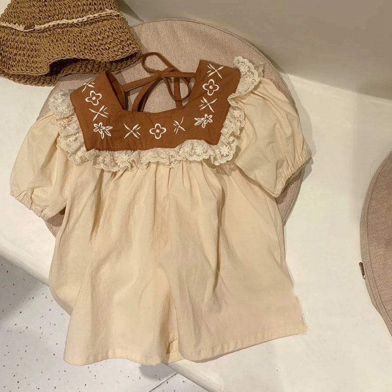 Vintage lace embroidered shirt shorts two-piece set