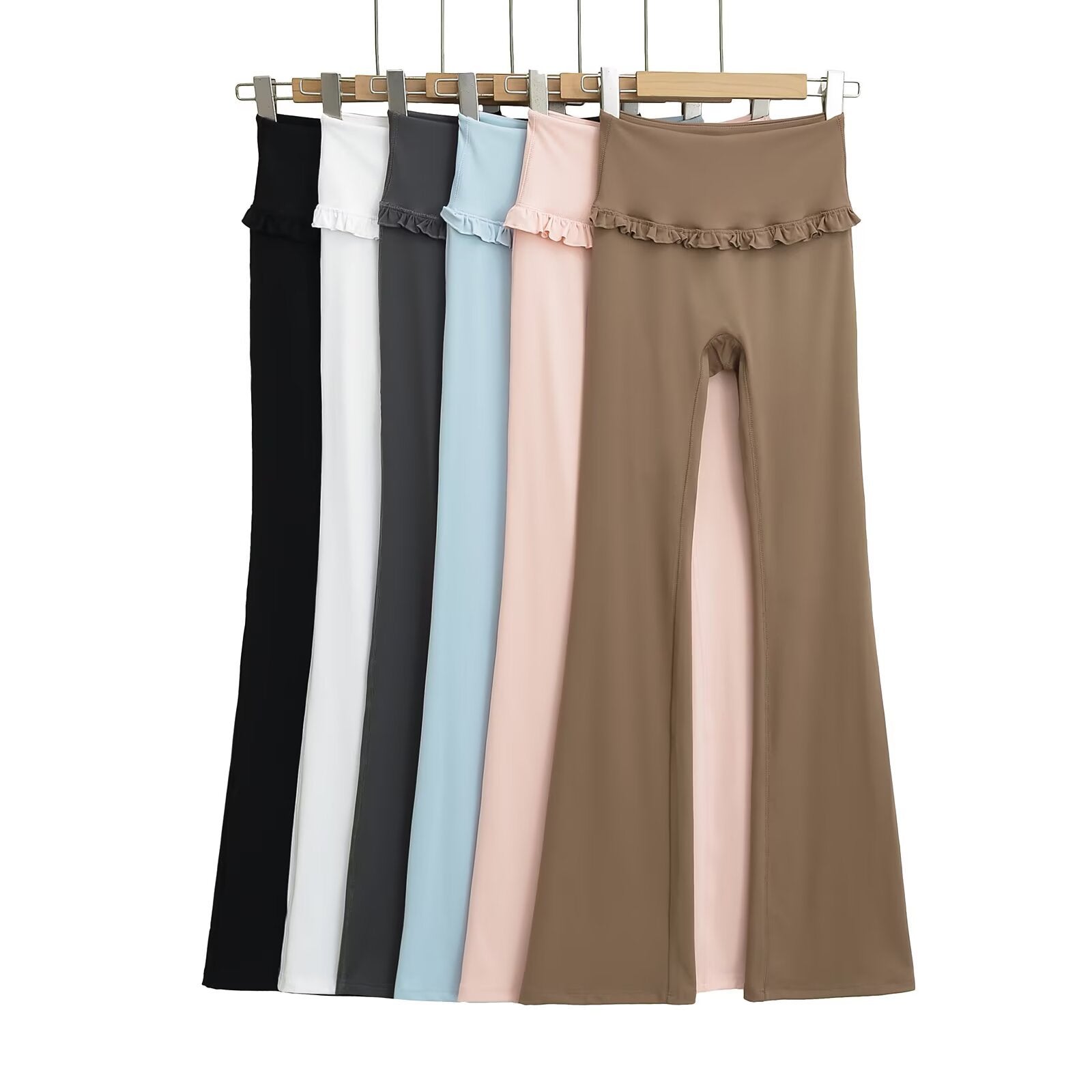 Elastic Waist Yoga Pants with Lace Trim and Flared Leg