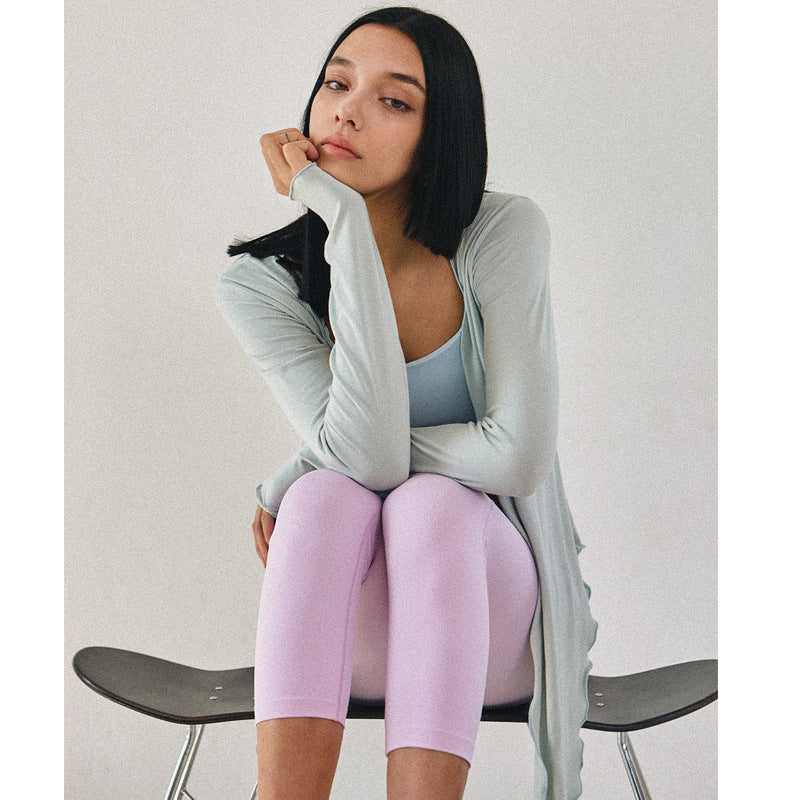 Elegant Fitted Yoga Long Sleeve Cardigan Top with Tie, Multi-wear Pilates Shirt, Versatile Open Front Cover-Up