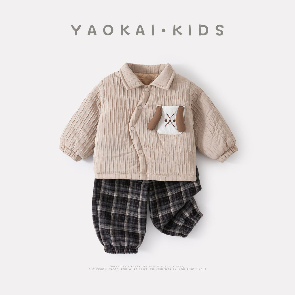 Cotton-Padded Shirt Set for Toddlers, Quilted Shirt with Fleece Pants