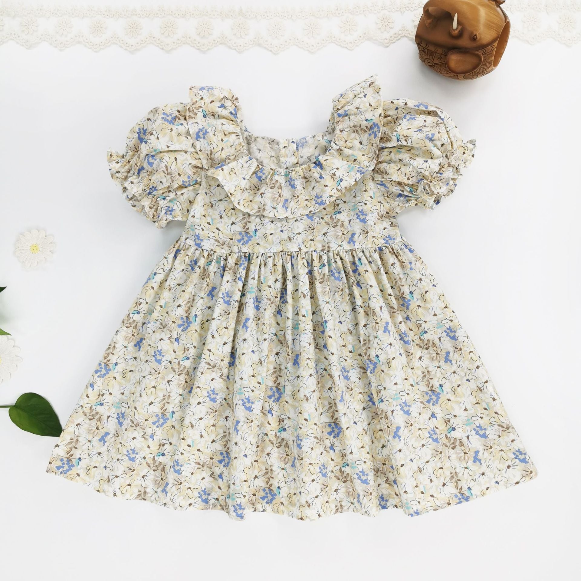Butterfly knot bubble sleeves sweet floral princess dress