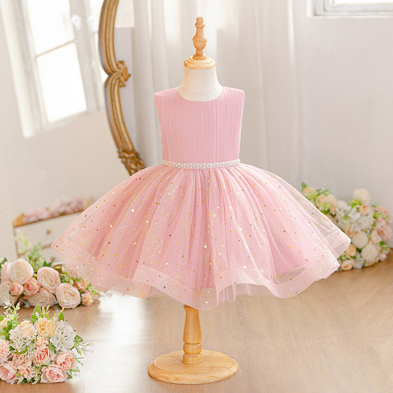 Sleeveless sequin mesh girls' dress