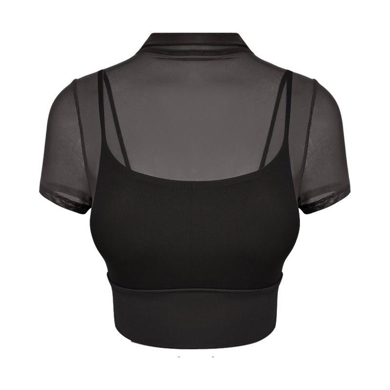 Yoga outfit for women with chest cushion mesh fake two-piece fitness suit sports training short sleeved vest
