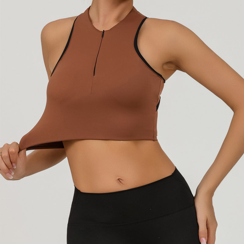 Fashionable Zippered Yoga Crop Top for WomenShock-absorbing, Strappy Back Design, Workout Fitness Tank Top