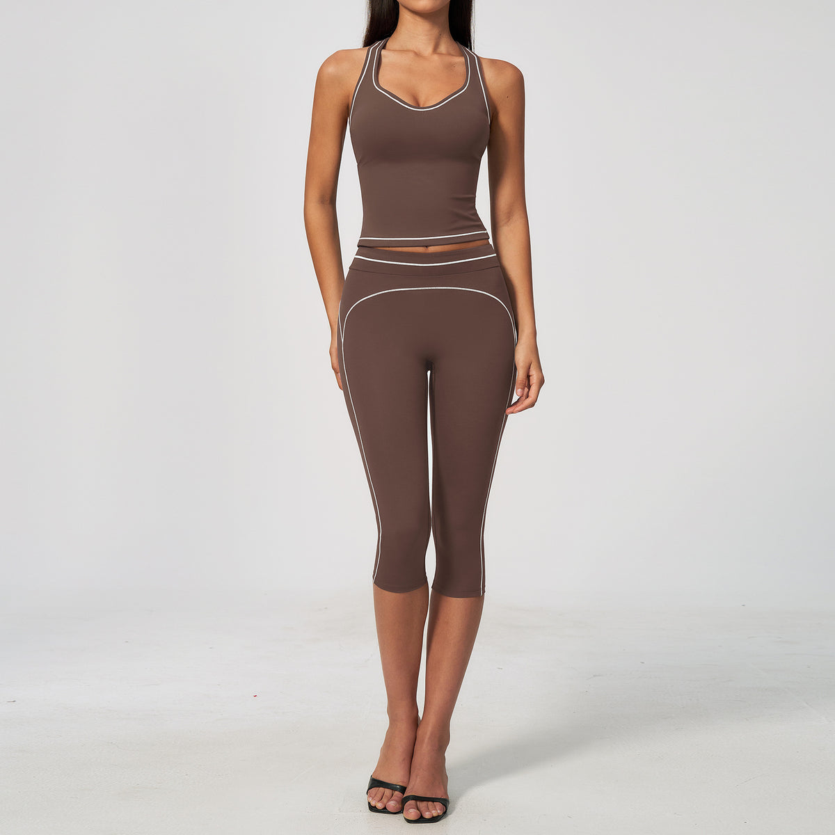 Brushed Yoga Set for Women, Strapless V-Neck High-Waisted Tummy-Control 7/8 Pants Workout Set