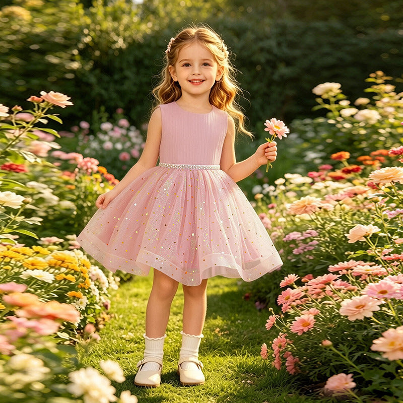 Sleeveless sequin mesh girls' dress