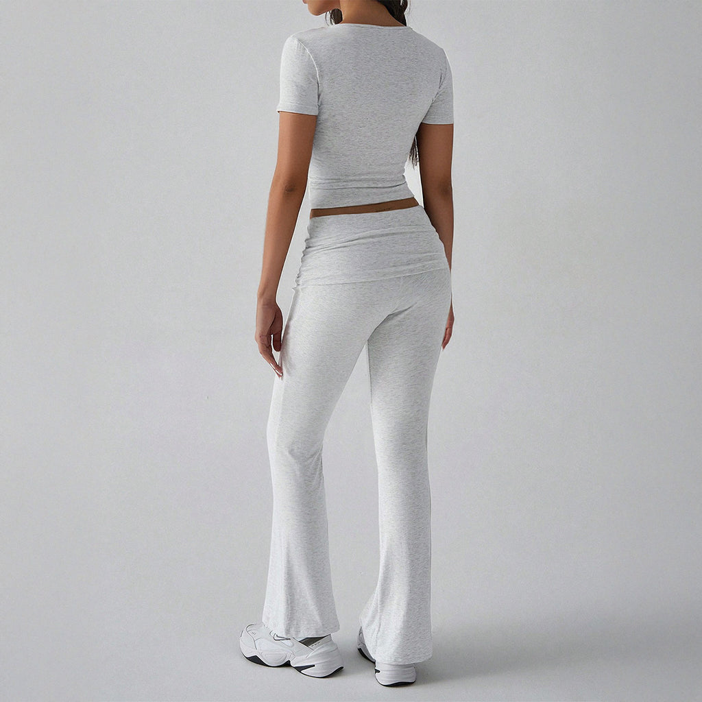 Solid color short sleeved T-shirt yoga long pants set for women