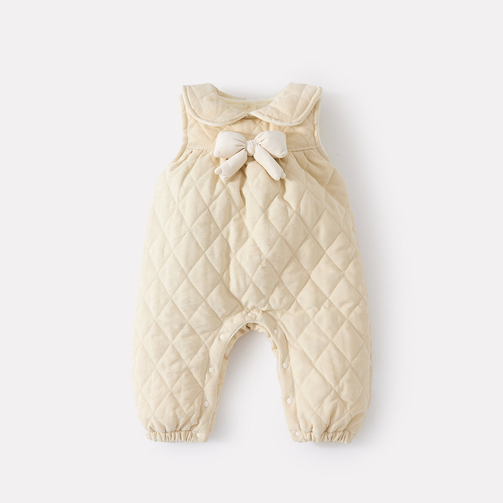 Cotton-filled Overalls Romper Set with Bow for Baby Girls, Two-Piece Outfit