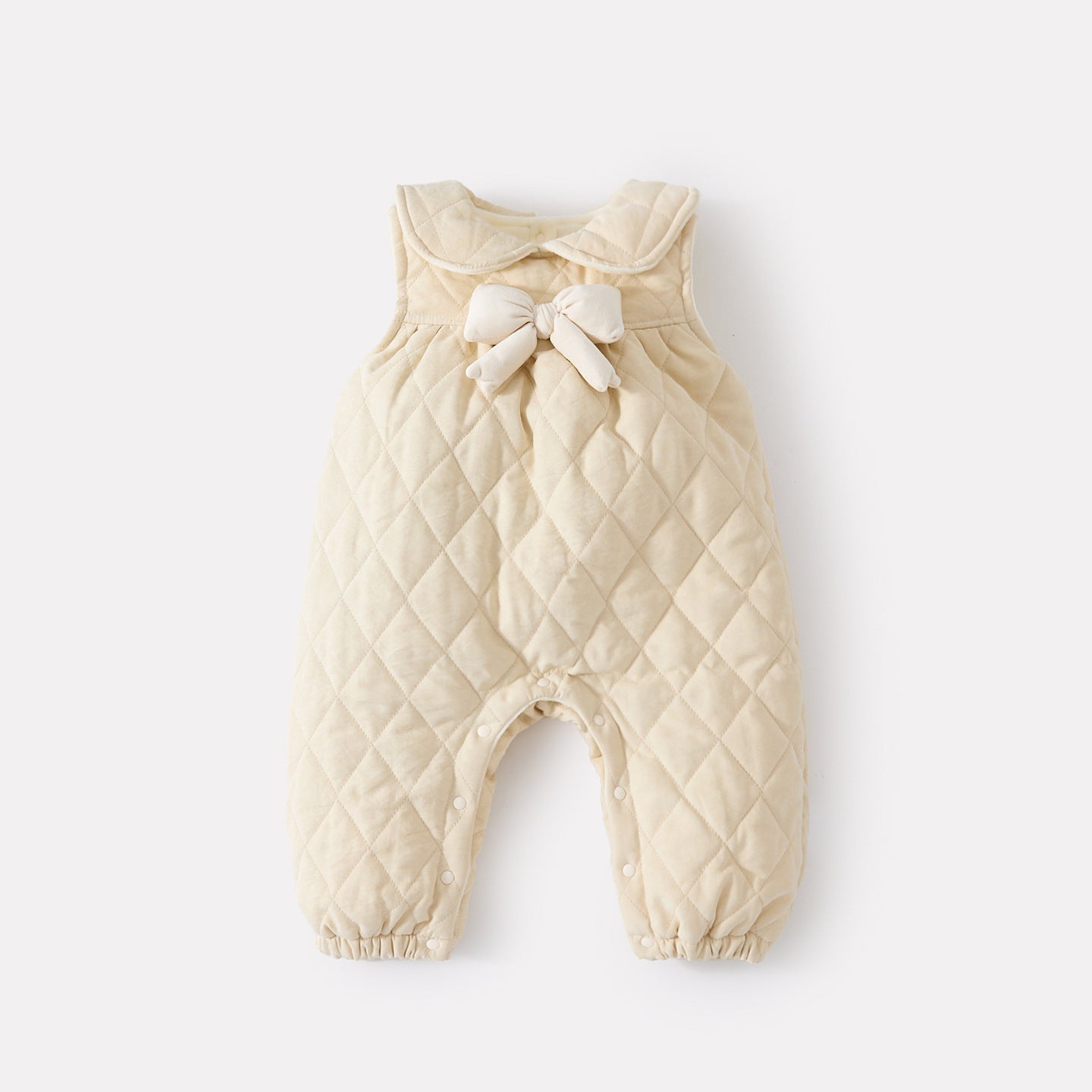 Cotton-filled Overalls Romper Set with Bow for Baby Girls, Two-Piece Outfit