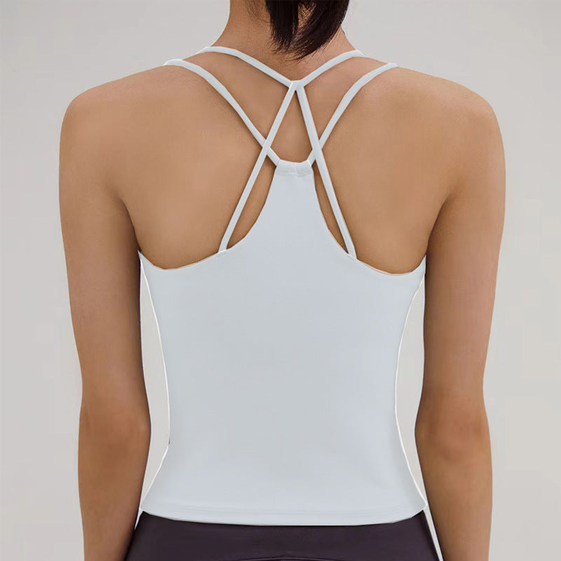 New Yoga Back-Enhancing Sports Fitness Tank Top for Women with Built-in PadsShockproof, Thin Straps, Crossed Strap Top
