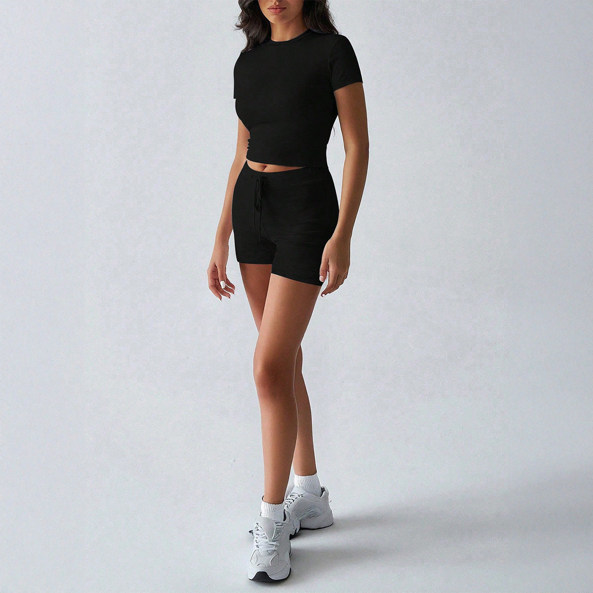 Yoga Sports Style Solid Color Short Sleeve Bandage Shorts Set for Women