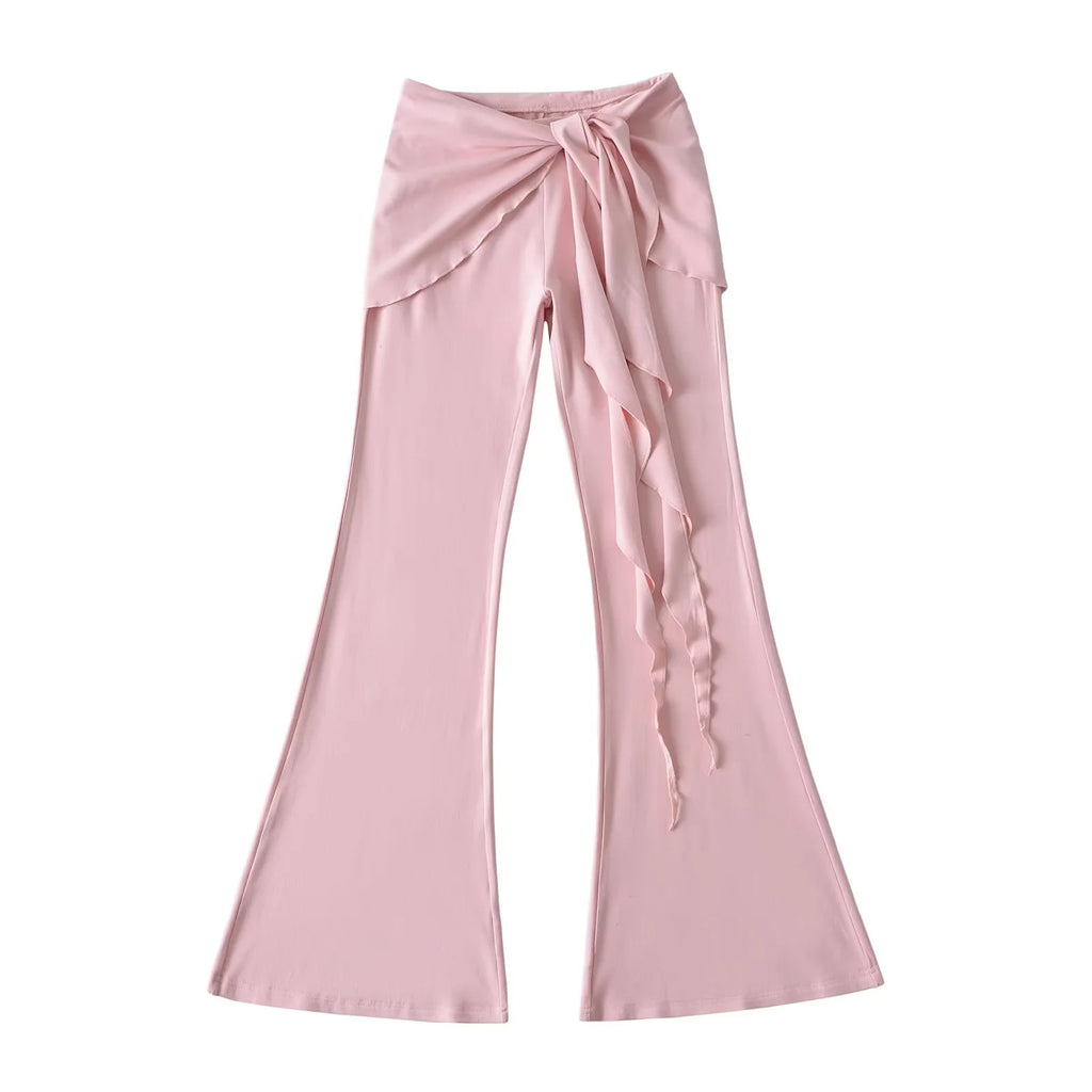Fake two piece spliced ruffled lace up micro flared yoga pants