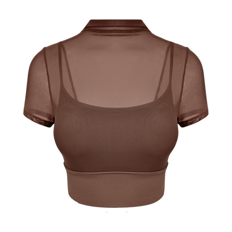 Yoga outfit for women with chest cushion mesh fake two-piece fitness suit sports training short sleeved vest