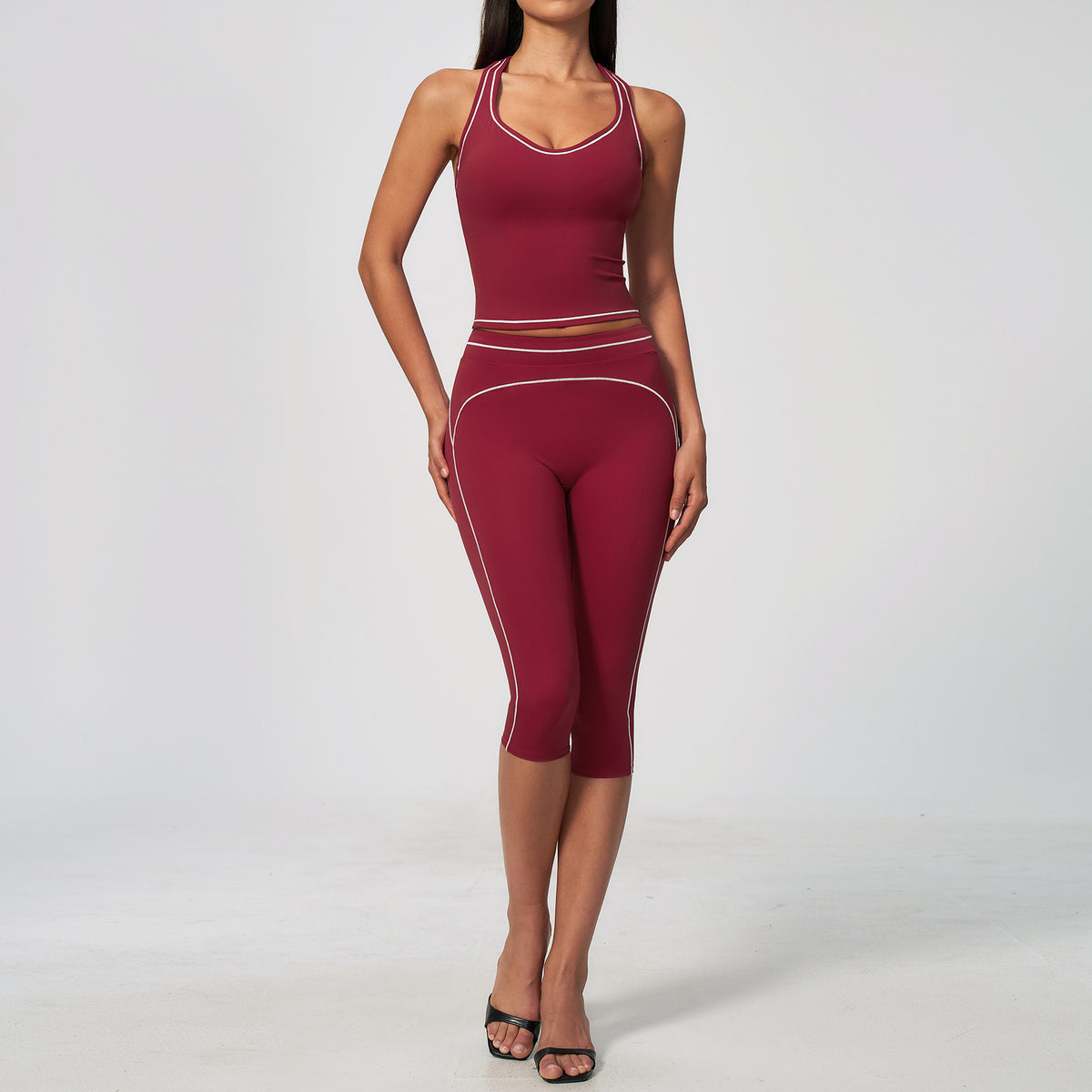 Brushed Yoga Set for Women, Strapless V-Neck High-Waisted Tummy-Control 7/8 Pants Workout Set