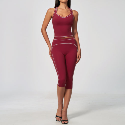 Brushed Yoga Set for Women, Strapless V-Neck High-Waisted Tummy-Control 7/8 Pants Workout Set