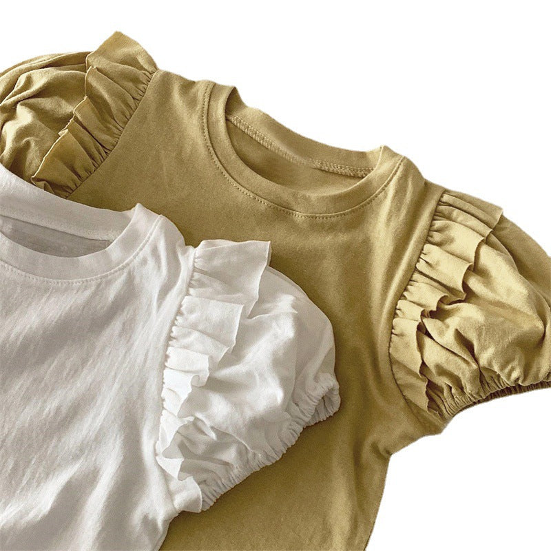 Sweet lace bubble short sleeved round neck top