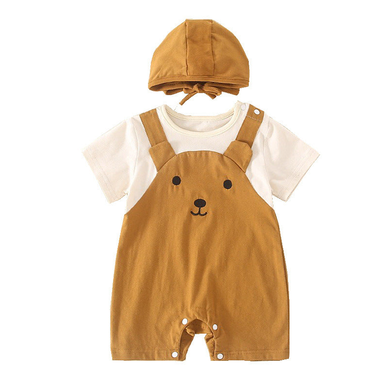 Cute and Adorable Baby Short Sleeve Onesie with Hat, Fake Two-Piece Set, Lightweight Crawling Suit