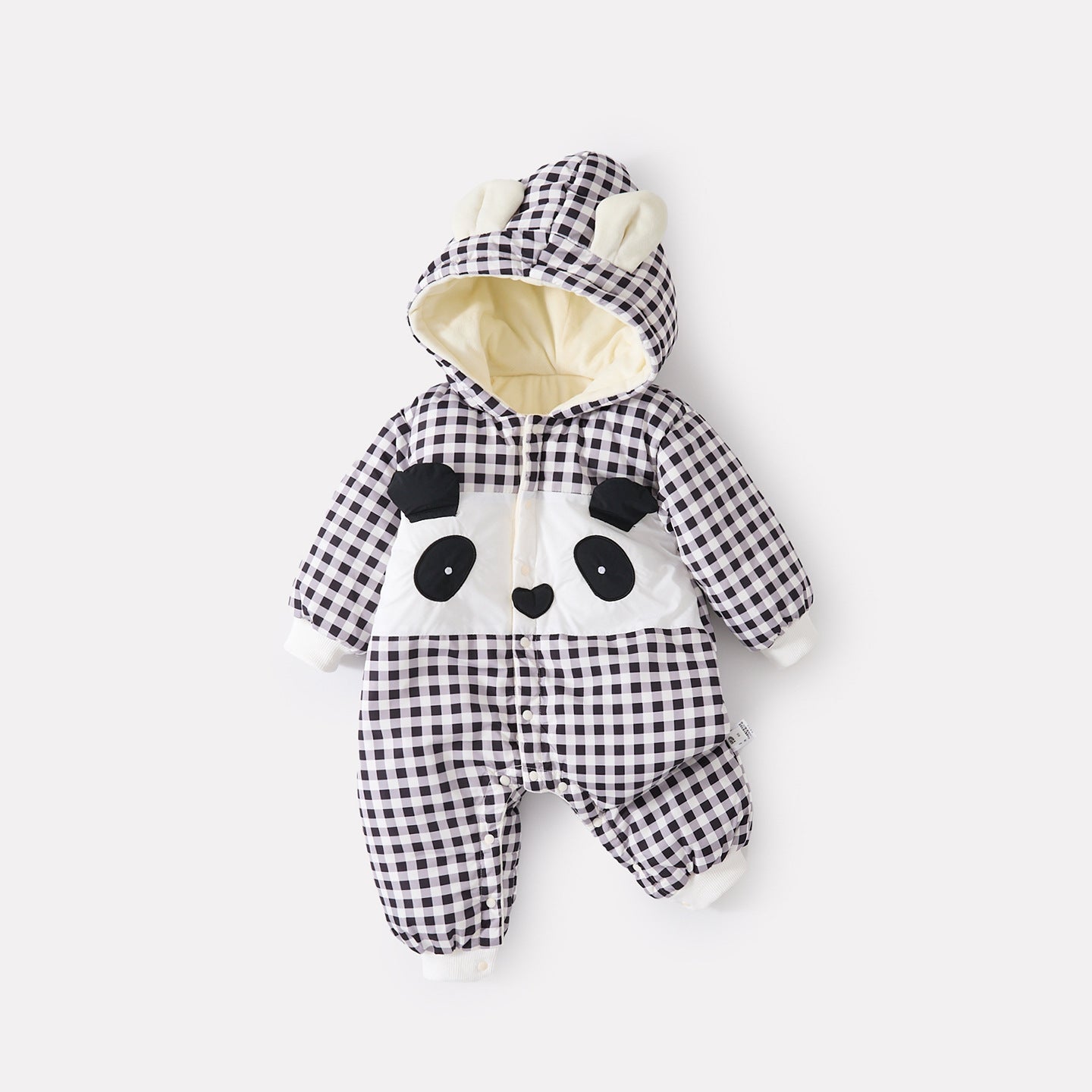 Infant Quilted Fleece Hooded Romper with Cartoon Checkered Pattern Thick Warm Baby Bodysuit
