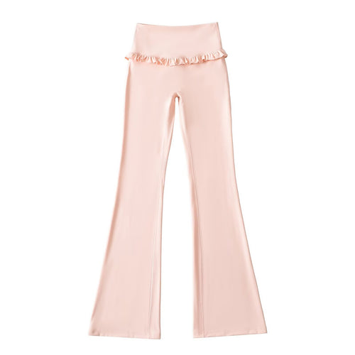 Elastic Waist Yoga Pants with Lace Trim and Flared Leg