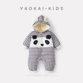 Infant Quilted Fleece Hooded Romper with Cartoon Checkered Pattern Thick Warm Baby Bodysuit