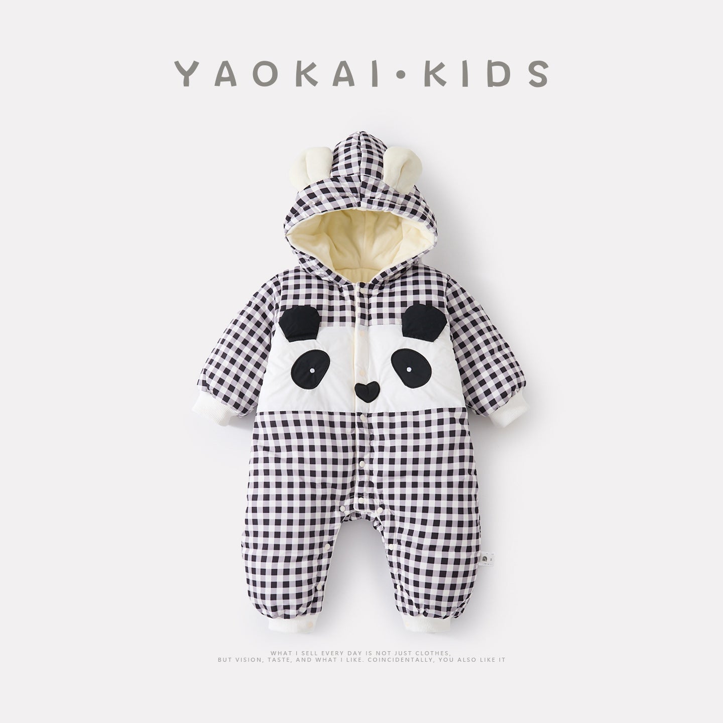 Infant Quilted Fleece Hooded Romper with Cartoon Checkered Pattern Thick Warm Baby Bodysuit