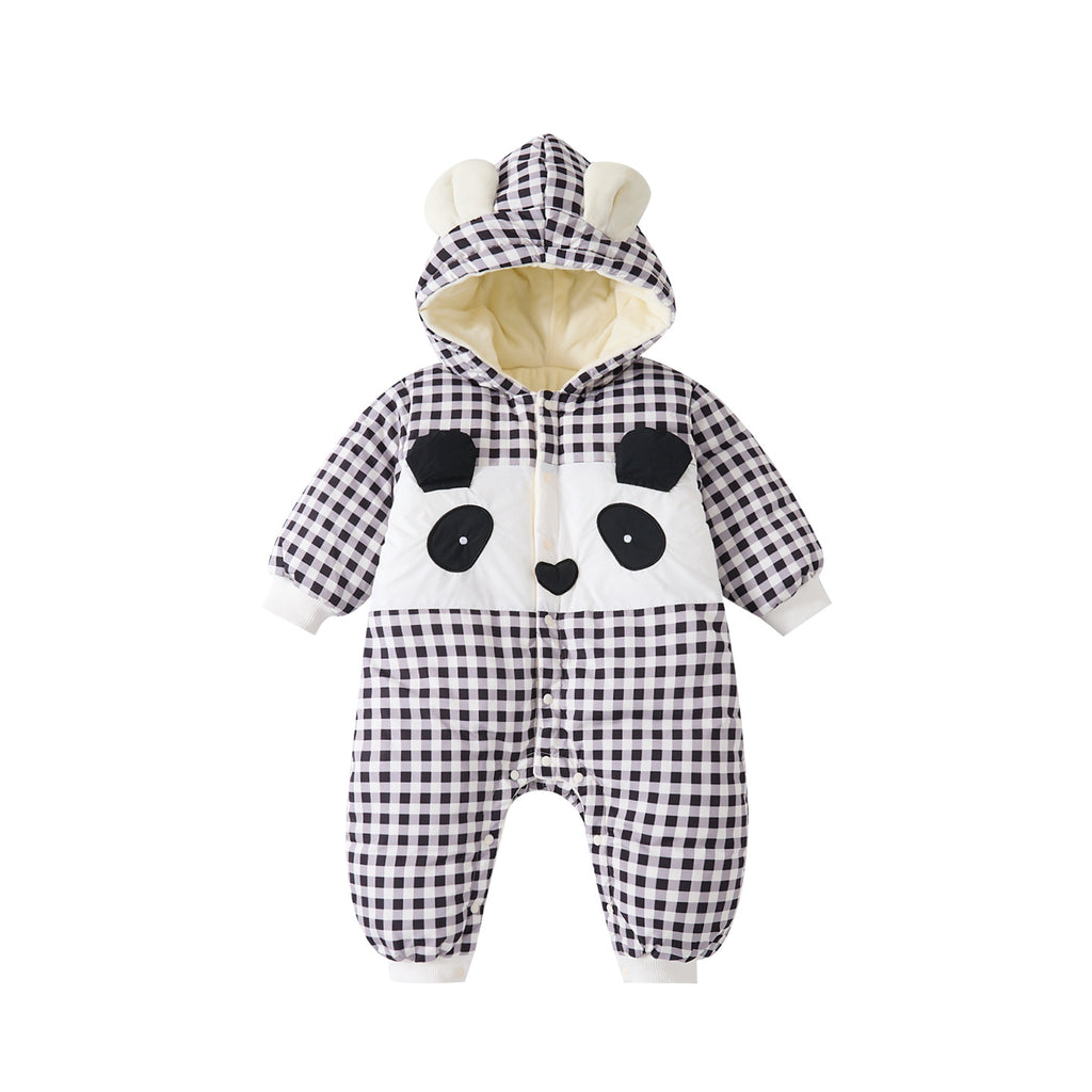 Infant Quilted Fleece Hooded Romper with Cartoon Checkered Pattern Thick Warm Baby Bodysuit