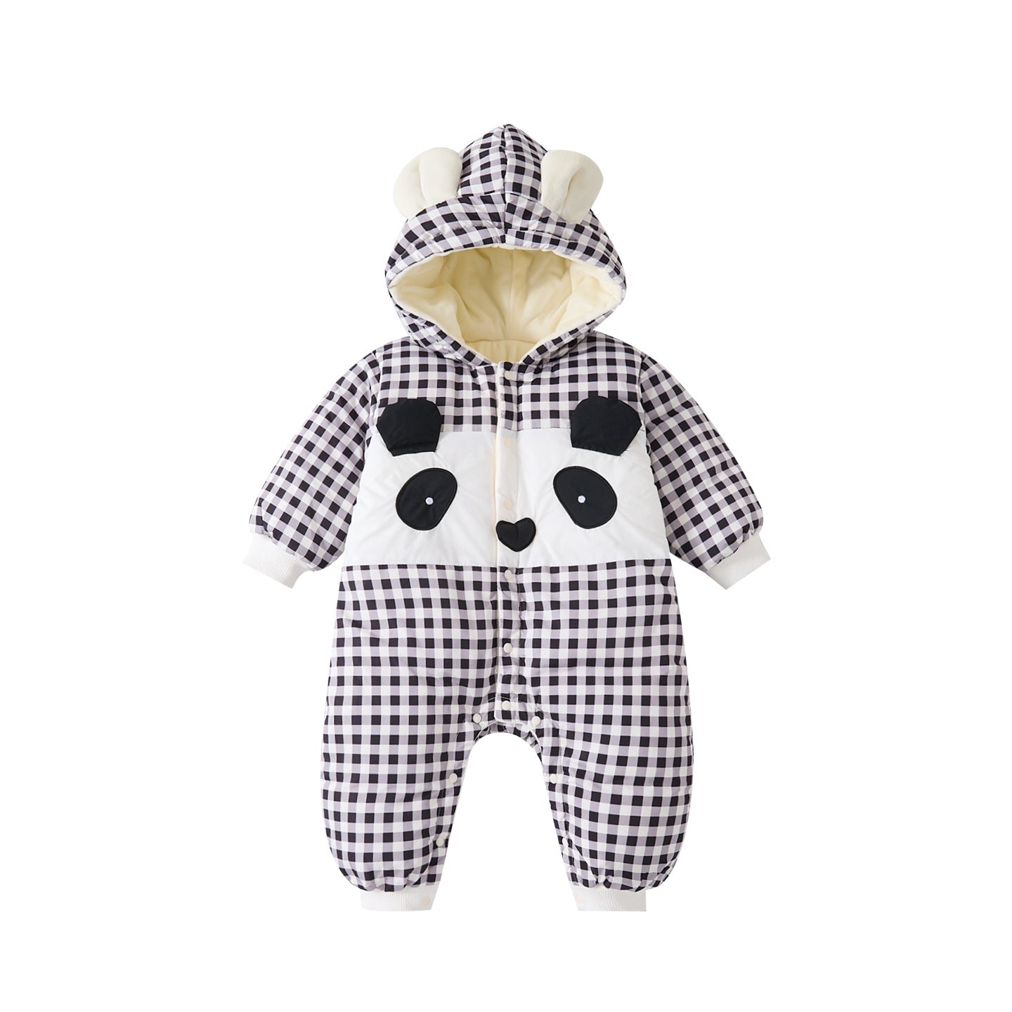 Infant Quilted Fleece Hooded Romper with Cartoon Checkered Pattern Thick Warm Baby Bodysuit