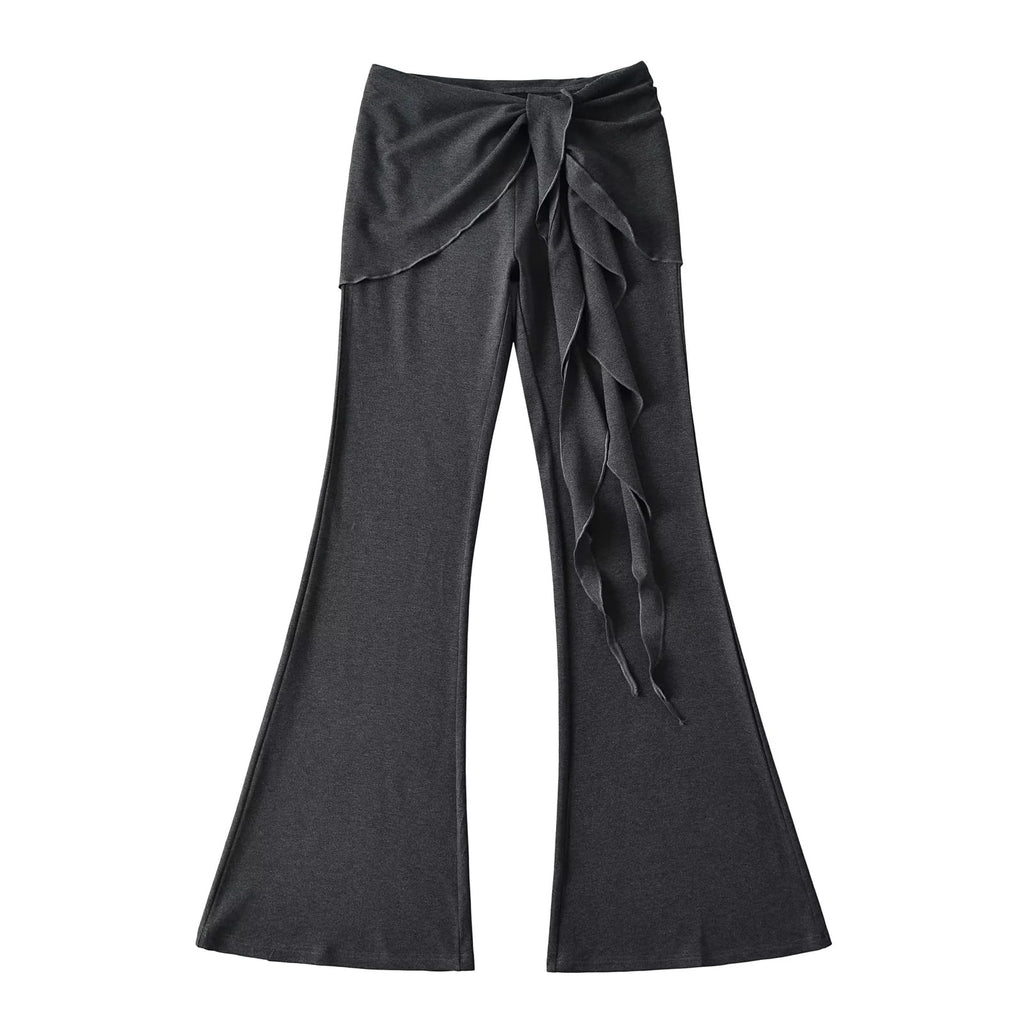 Fake two piece spliced ruffled lace up micro flared yoga pants