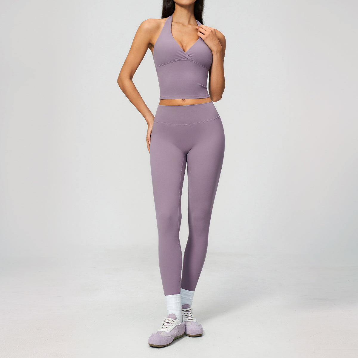 Creamy Feel Yoga Set with Fleece-Lined Deep V Neck, Strapless High Waist, Slim Fit, Butt-Lifting Workout Yoga Outfit for Women